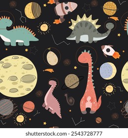 seamless pattern with a cute dinosaur in space - vector illustration, eps