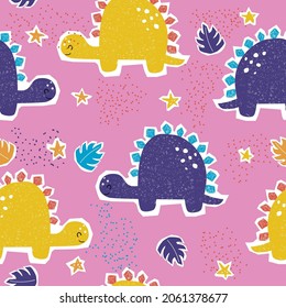Patrón sin foco con lindos dinosaurios, estrellas y hojas. Huella infantil. Ilustración dibujada a mano por vectores.