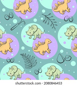 Seamless pattern with cute dinosaur. Stegosaurus and triceratops in kawaii style. Vector