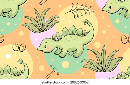 Seamless pattern with cute dinosaur. Stegosaurus in kawaii style. Vector