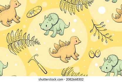 Seamless pattern with cute dinosaur. Stegosaurus and triceratops in kawaii style. Vector