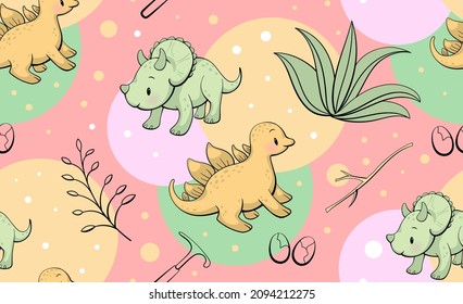 Seamless pattern with cute dinosaur. Stegosaurus and triceratops in kawaii style. Vector