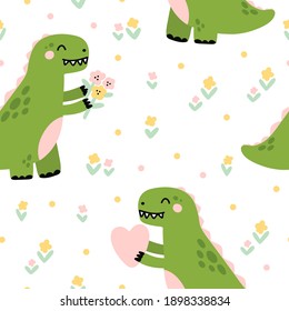 Seamless pattern with cute dinosaur or Tyrannosaurus with flowers and heart. Beautiful print for home decor, textile, packaging, wrapping paper etc. Vector illustration in Scandinavian style.