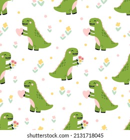 Seamless pattern with cute dinosaur or tyrannosaurus with flowers and heart. Children background for home decor, textile, packaging, wrapping paper etc. Vector illustration in Scandinavian style