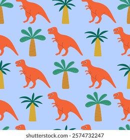 Seamless pattern with cute dinosaur tyrannosaurus character and palm tree. Template for print, fabric, wallpaper, wrapping paper. Vector illustration