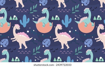 Seamless pattern with cute dinosaur vector
