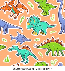 Patrón sin fisuras de lindos dinosaurios en estilo kawaii asiático. Tyrannosaurus rex, stegosaurus, triceratops, pterosaurio, spinosaurus, ichthyosaur, diplodocus. Lagartija prehistórica predatoria para envolver