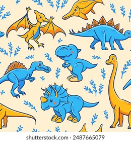 Seamless pattern of cute dinosaurs in Asian kawaii style. Tyrannosaurus rex, stegosaurus, triceratops, pterosaur, spinosaurus, ichthyosaur, diplodocus. Prehistoric predatory lizard for wrapping