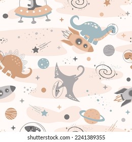 Seamless Pattern with Cute Dinosaurs Astronauts in Space, Cartoon Animals Background, Design for clothes, t-shirts, wrapping, fabric, textiles and more