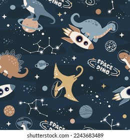 Patrón sin foco con astronautas de dinosaurios cortos en el espacio, fondo de dibujos animados, diseño para ropa de bebé, camisetas, envoltura, tela, textiles y más