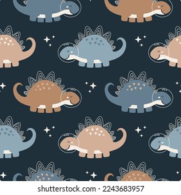 Seamless Pattern with Cute Dinosaurs Astronauts in Space, Cartoon Animals Background, Design for baby clothes, t-shirts, wrapping, fabric, textiles and more