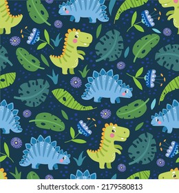 Seamless pattern with cute dinosaurs, baby pattern. Color illustration in vector.