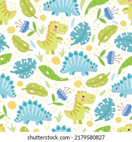 Seamless pattern with cute dinosaurs, baby pattern. Color illustration in vector.