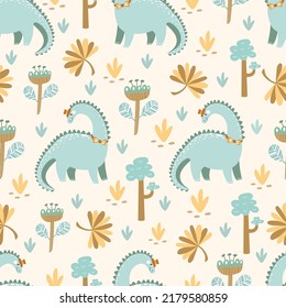 Seamless pattern with cute dinosaurs, baby pattern. Color illustration in vector.