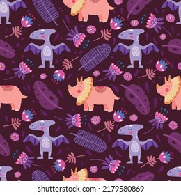Seamless pattern with cute dinosaurs, baby pattern. Color illustration in vector.