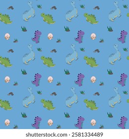 Seamless pattern of cute dinosaurs. Cute baby dinosaurs, egg, grass and stones. For fabric, packaging and more.