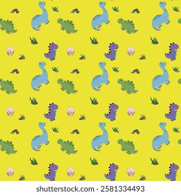 Seamless pattern of cute dinosaurs. Cute baby dinosaurs, egg, grass and stones. For fabric, packaging and more.