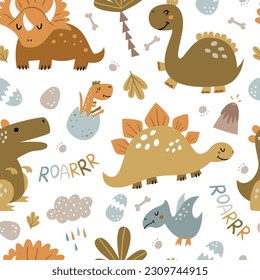 Seamless pattern with cute dinosaurs. Pattern for bedroom, wallpaper, kids and baby wear.