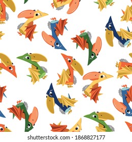 
seamless pattern of cute dinosaurs birdies on white background