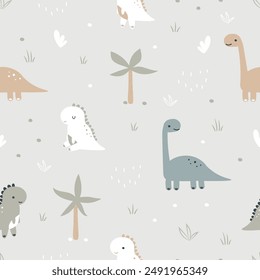 Patrón sin fisuras con lindos dinosaurios. Dinosaurios de dibujos animados en color pastel. Se utiliza para la tela, textil, Fondo de pantalla, envoltura, diseño de ropa de niños. Ilustración vectorial