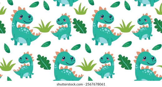 Seamless Pattern of Cute Dinosaurs Cartoon Isolated on White Background Vector Illustration Design