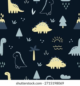 Patrón sin fisuras con lindos dinosaurios. Dinosaurios de dibujos animados en color pastel. Utilizado para la tela, materia textil, Fondo de pantalla, envoltura, diseño de la ropa de los niños. Ilustración vectorial