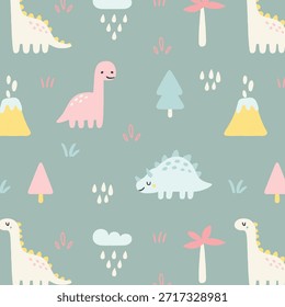 Patrón sin fisuras con lindos dinosaurios. Dinosaurios de dibujos animados en color pastel. Utilizado para la tela, materia textil, Fondo de pantalla, envoltura, diseño de la ropa de los niños. Ilustración vectorial
