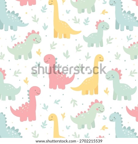 Seamless pattern with cute dinosaurs. Cartoon dinosaurs in pastel color. Used for fabric, textile, wallpaper, wrapping, kids apparel design. Vector illustration