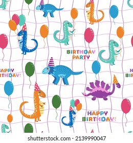 Seamless pattern with cute dinosaurs. Dinosaurs celebrate their birthday with gifts and sweets. seamless pattern with cute dinosaurs Happy Birthday