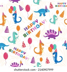 Seamless pattern with cute dinosaurs. Dinosaurs celebrate their birthday with gifts and sweets. seamless pattern with cute dinosaurs Happy Birthday