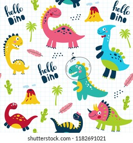 Seamless pattern with cute dinosaurs for children print. Vector illustration