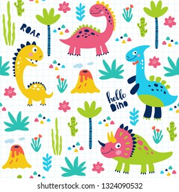 Seamless pattern with cute dinosaurs for children print. Vector illustration