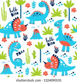 Seamless pattern with cute dinosaurs for children print. Vector illustration