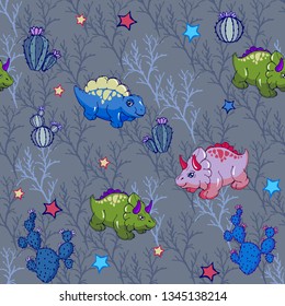 Seamless pattern with cute dinosaurs for children print, background for fabric, textile. Vector illustration