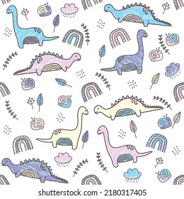 Seamless pattern with cute dinosaurs for children textile, fabric, baby shower, wallpaper, T-Shirts print, vector hand-draw in Scandinavian style, Doodle funny design.