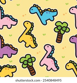 Patrón sin fisuras de lindos dinosaurios con fondo de árbol de coco. Jurásico. Diseño de dibujos animados de personajes de animales salvajes. Imagen para pegatina, ropa de bebé, estacionario. Kawaii. Vector. Ilustración. 