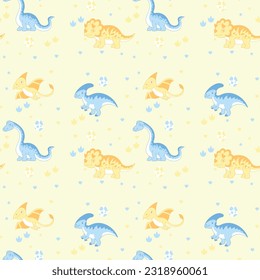 Patrón sin foco con lindos dinosaurios. Fondo vectorial de los dinosaurios coloridos.
