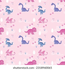 Seamless pattern with cute dinosaurs. Colorful dinosaurs vector background.