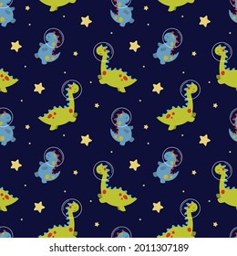 Seamless pattern with cute dinosaurs in cosmos. For wrapping paper, textiles, childrens clothing, cover prints, mugs, notebooks, wrapping paper.