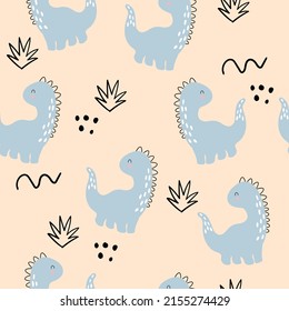 Seamless pattern with cute dinosaurs, dots, bushes and doodles. Children's wallpaper in scandinavian style with dino. Children's textiles, clothes.