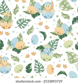 Seamless pattern with cute dinosaurs in an egg in flat style. Endless texture with hatched baby dinosaur and tropical plants. Childish background for fabric, wallpaper, wrapping paper, scrapbooking