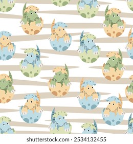 Padrão contínuo com dinossauros bonitos em um ovo em estilo plano. Textura infinita com dinossauro bebê eclodido no fundo listrado. Fundo infantil para tecido, papel de parede, papel de embrulho, scrapbooking