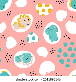 Seamless pattern with cute dinosaurs in eggs and shells. Baby Design