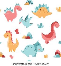Seamless pattern with cute dinosaurs, cute dinosaurs in flat style, vector pattern with dinosaurs