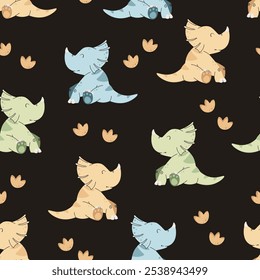 Seamless pattern with cute dinosaurs in flat style. Repeating background with baby dinosaur and footprints. Kiddie background for fabric, wallpaper, wrapping paper, scrapbooking, etc.