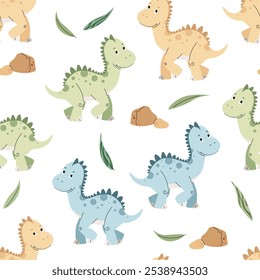 Padrão perfeito com dinossauros bonitos em estilo plano. Fundo repetitivo com bebê dinossauro e folhas. Fundo infantil para tecido, papel de parede, papel de embalagem, scrapbooking, etc