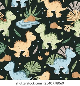 Seamless pattern with cute dinosaurs in flat style. Endless background with baby dinosaur, tropical plants and footprints. Kiddie background for fabric, wallpaper, wrapping paper, scrapbooking, etc