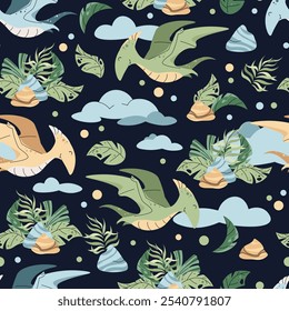 Padrão perfeito com dinossauros bonitos em estilo plano. Textura sem fim com pterodátilo voador com nuvens e plantas tropicais. Fundo infantil para tecido, papel de parede, papel de embrulho, scrapbooking etc