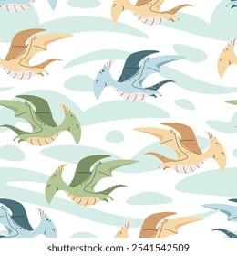 Seamless pattern with cute dinosaurs in flat style. Endless texture with flying pterodactyl on spotted background. Childish background for fabric, wallpaper, wrapping paper, scrapbooking etc