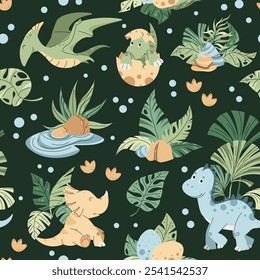Seamless pattern with cute dinosaurs in flat style. Endless texture with baby dinosaurs with palm leaves, footprints and plants. Childish background for fabric, wallpaper, wrapping paper, scrapbooking